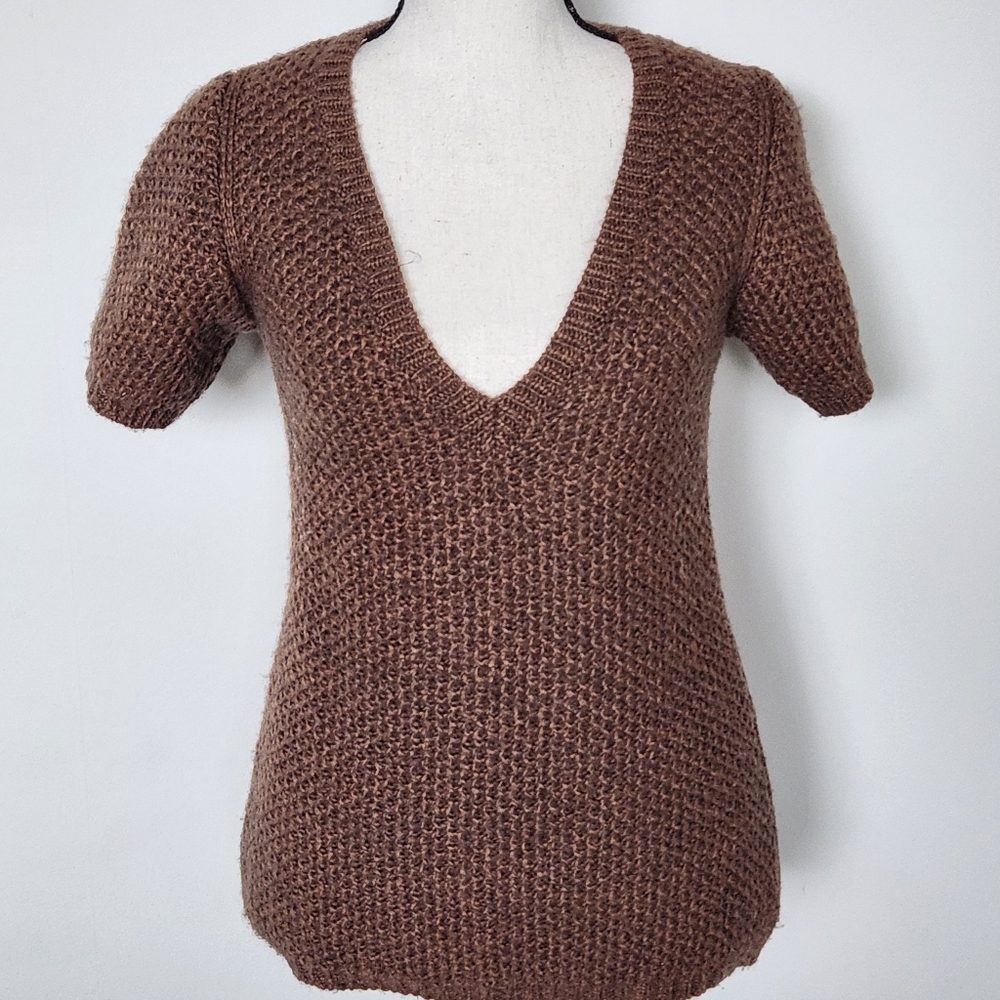 Bimba & Lola Wool Blend Short Puff Sleeves Sweater Brown Honeycomb Knit V-neck M